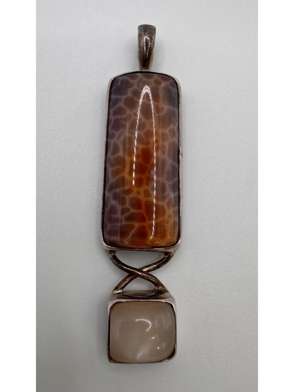 SY Sterling Silver Dragon Vein Agate & White Cabochon Pendant Signed 925